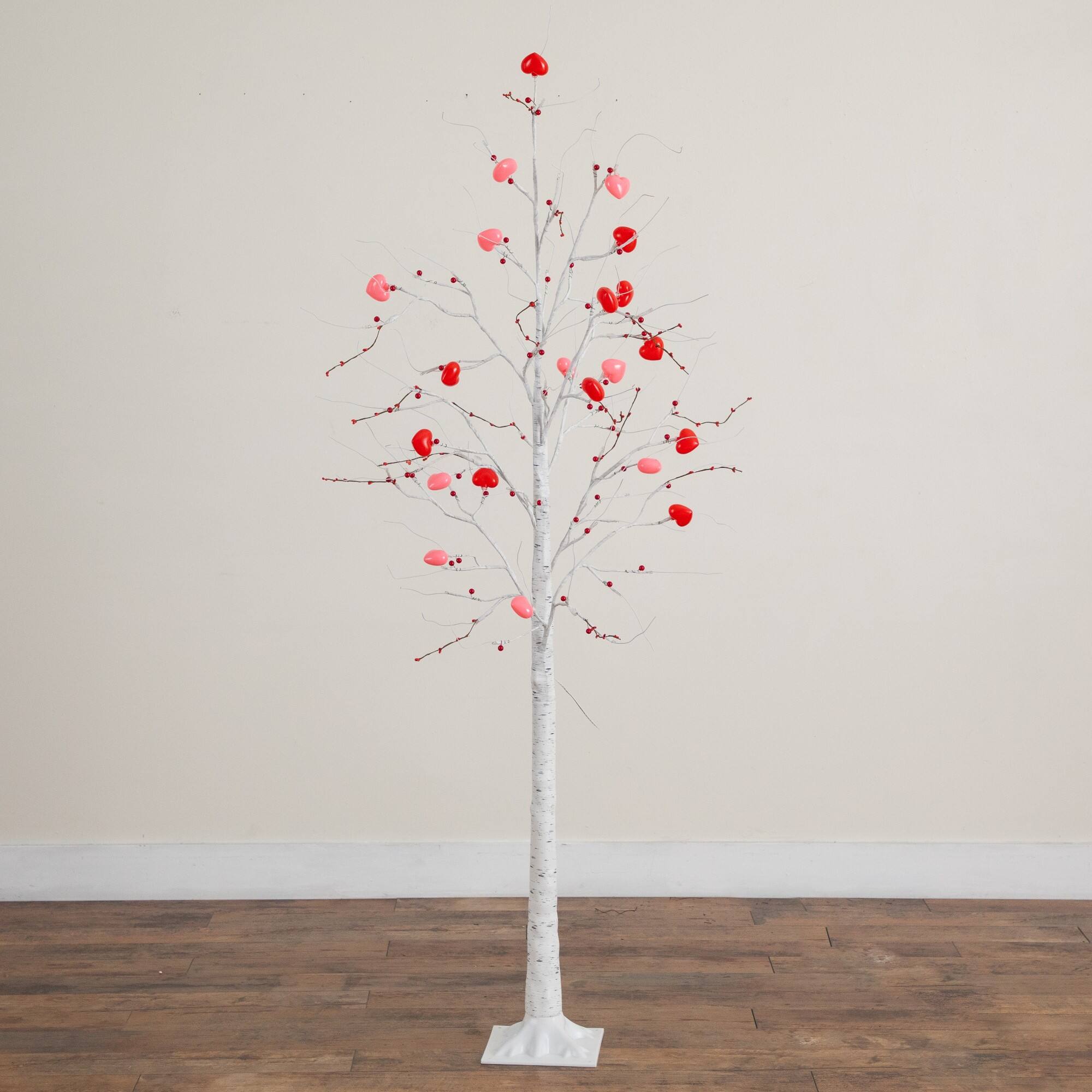 6ft. Pre-Lit Artificial Valentine's Day Twig Tree with 96 Heart Shaped LED Lights and Red Berries